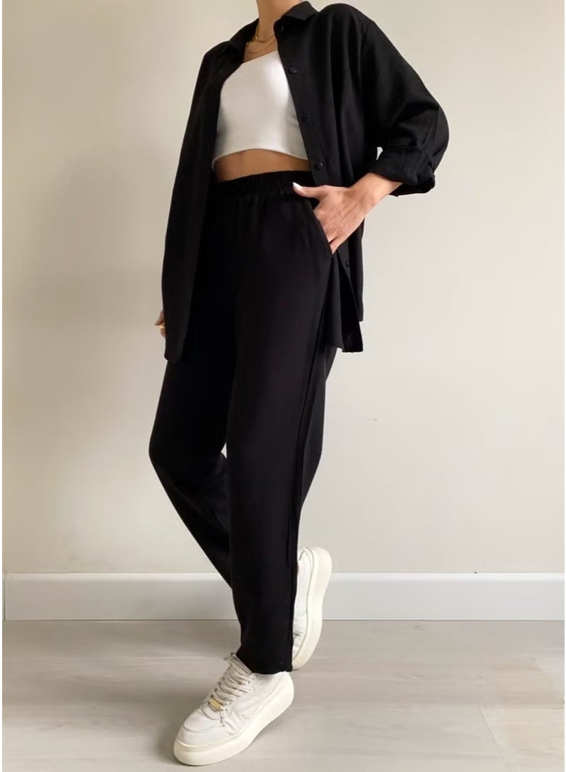 Barbora Linen Casual Two Piece Suit Pants Shirt LN21SIYAH14 - Image 2